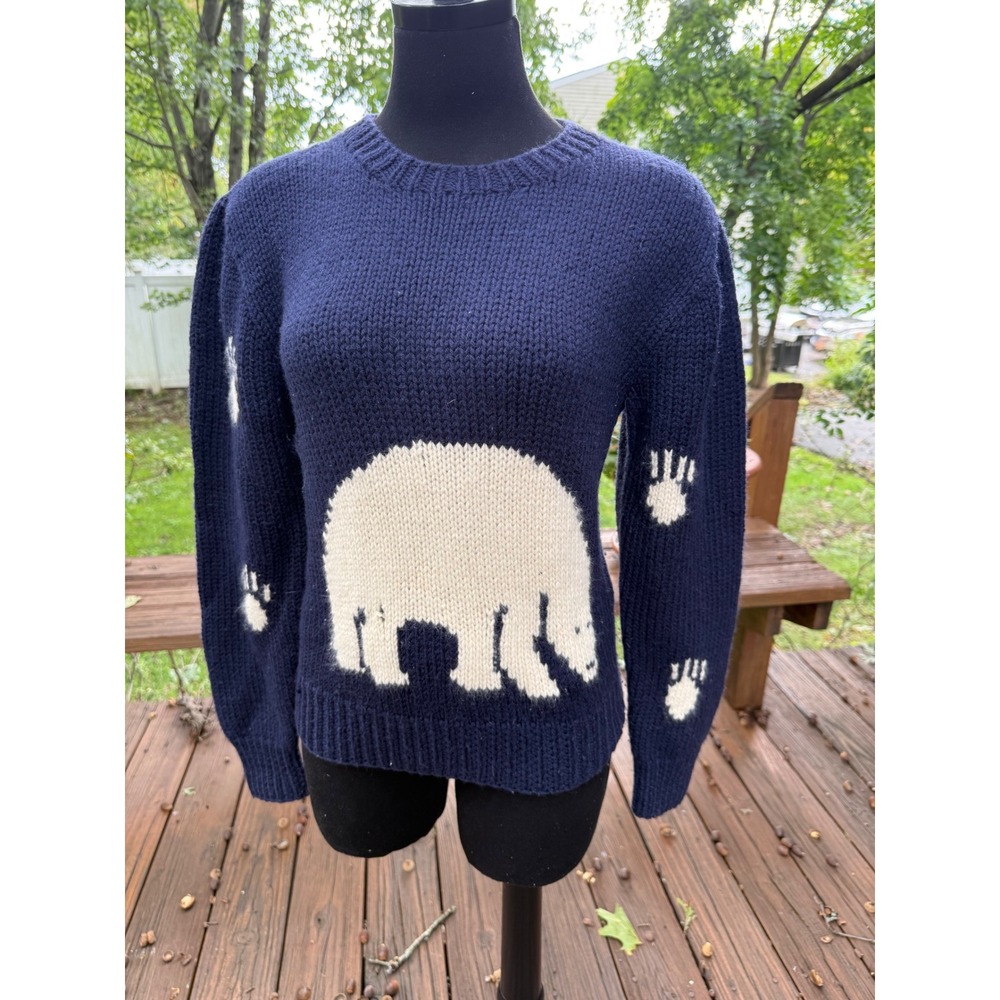 Sierra Designs Handknit Wool Polar Bear Sweater Navy Blue Paw Prints Womens S/M